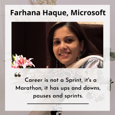 This image represents a quote by Farhana Haque that says, "Career is not a Sprint, it's a Marathon, it has ups and downs, pauses and sprints".